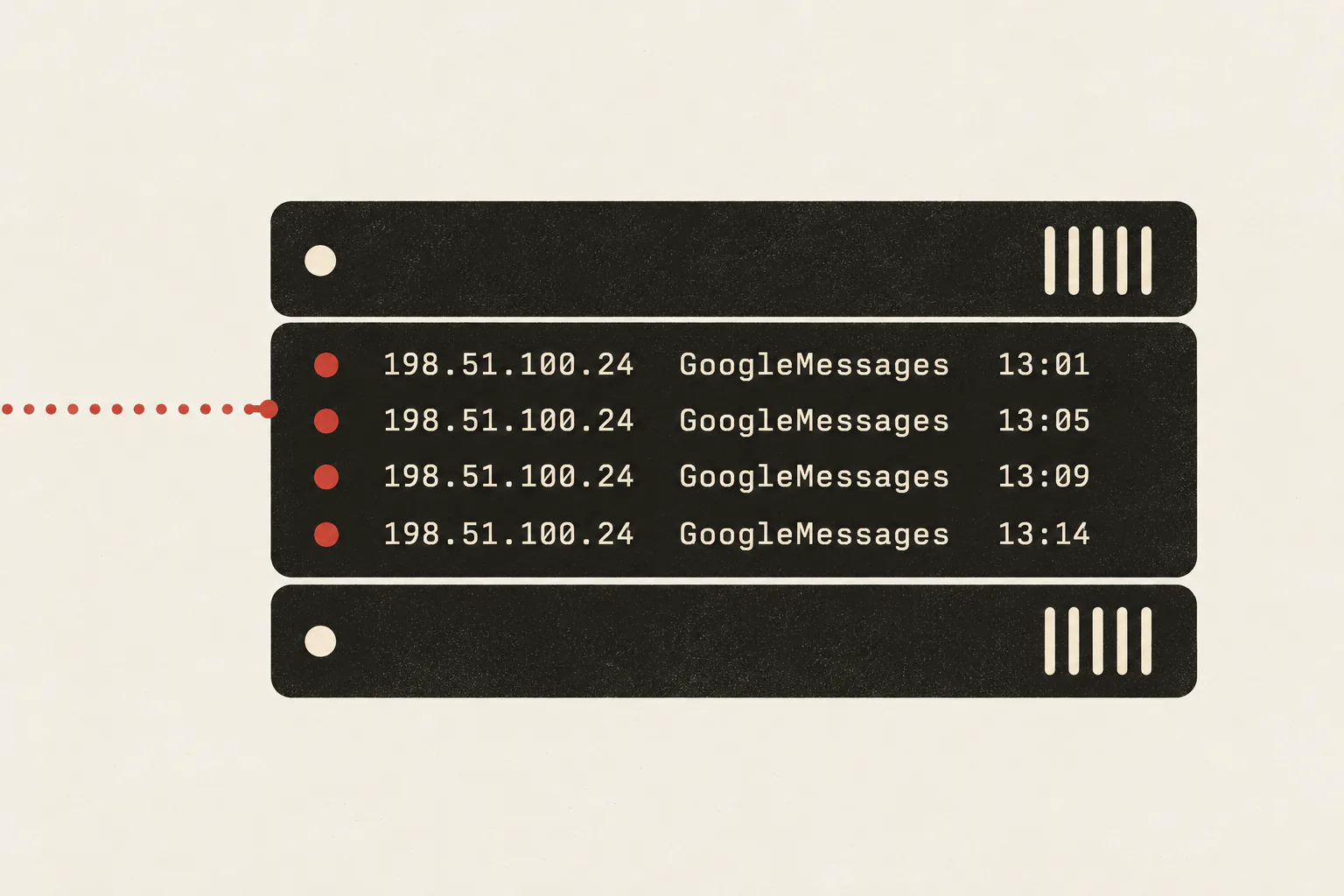 لاگ سرور با درخواستهای تکراری: IP یکسان گیرنده، User-Agent مربوط به GoogleMessages و زمانهایی با فاصله چند دقیقه