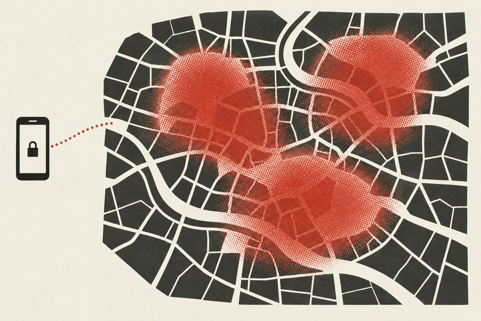 A map with several diffuse red areas &mdash; approximate regions, no precise marker &mdash; linked from a locked phone