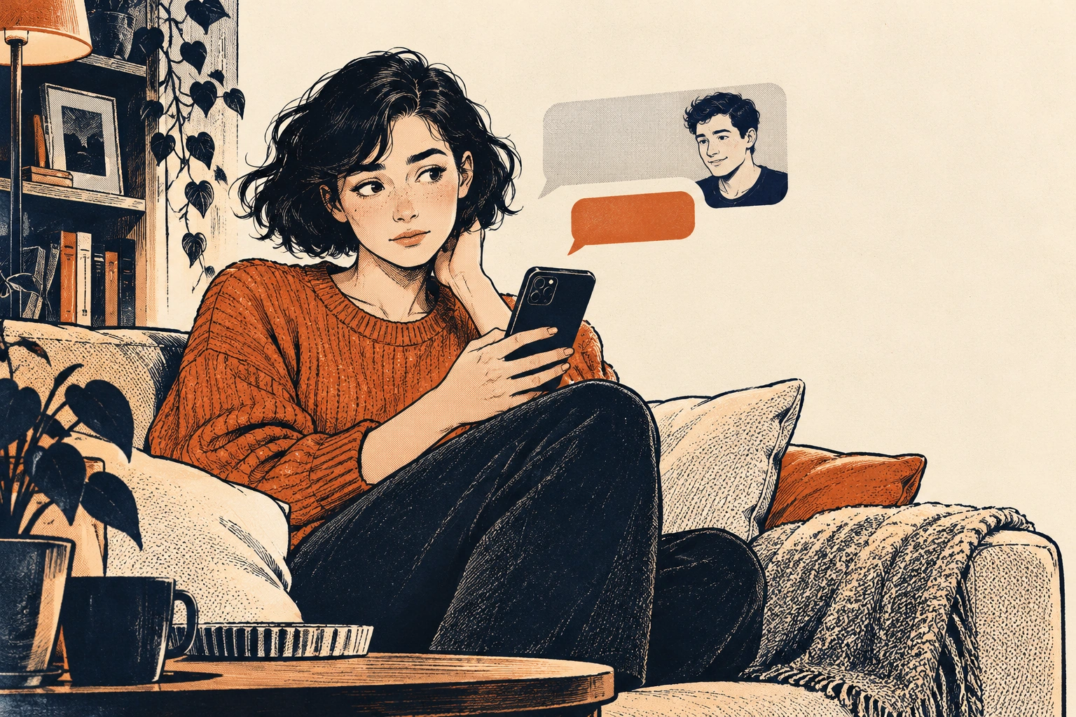 Mia reads a message on her sofa and replies that she is away