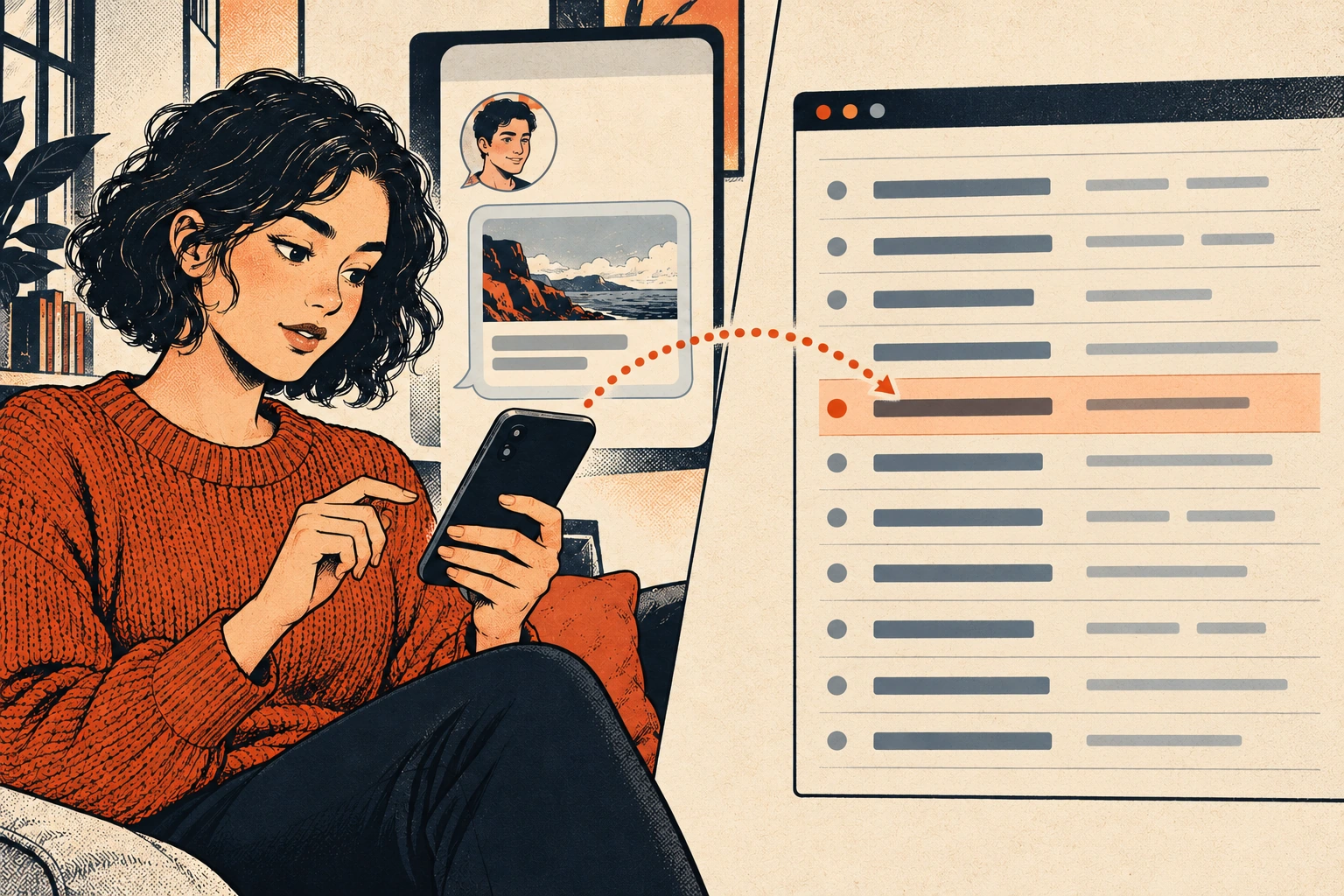 Mia views a link without opening it as the automatic preview request reaches a remote request log