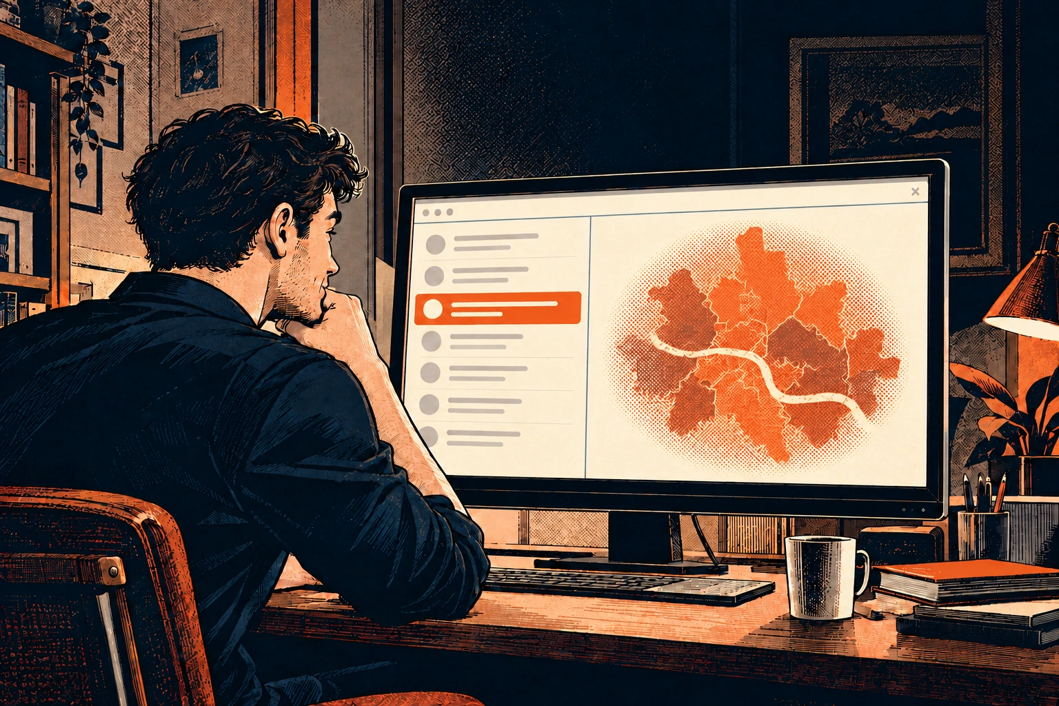 Jonas reads the request log beside an approximate city map without a precise location marker
