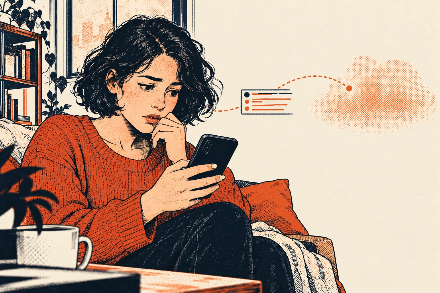 Mia looks unsettled at her phone as a logged request suggests her city