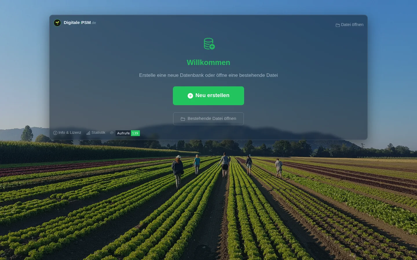 Start screen of Digitale PSM on the desktop: create new or open an existing file